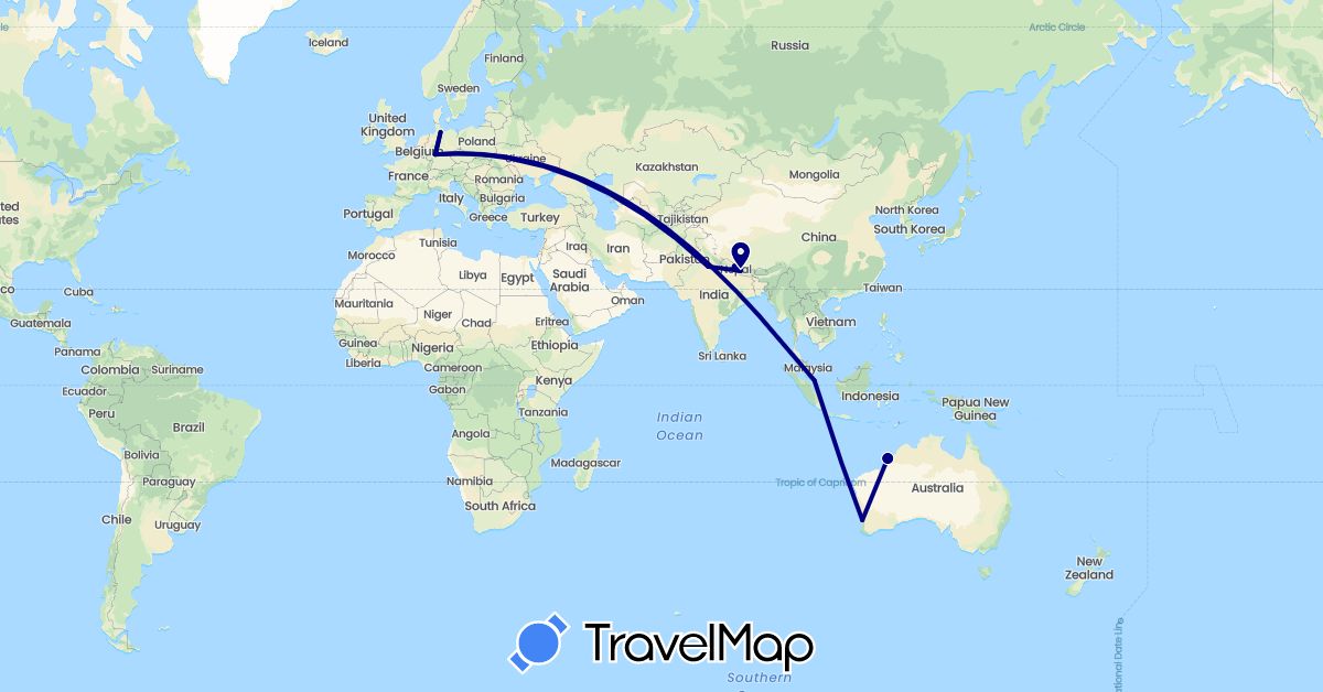 TravelMap itinerary: driving in Australia, Germany, India, Nepal, Singapore (Asia, Europe, Oceania)